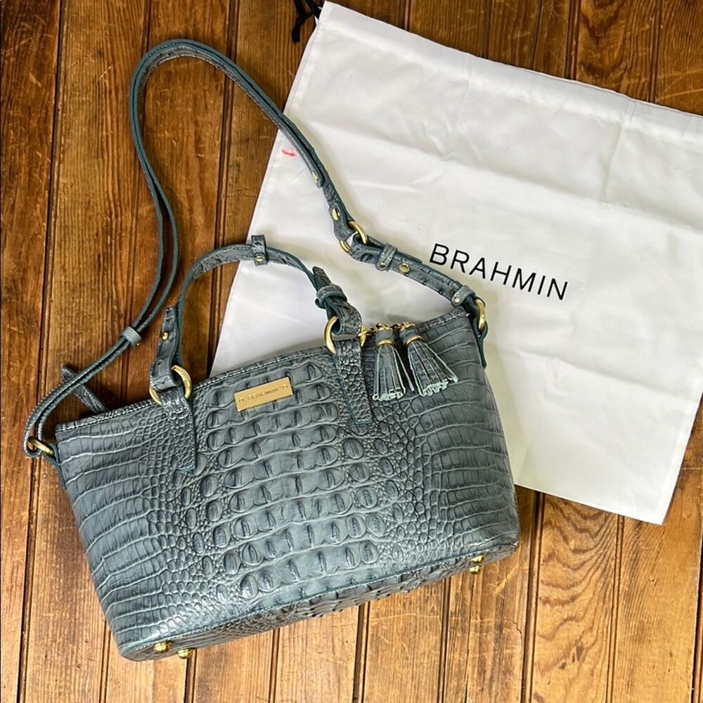 Brahmin Mini Asher gray blue tote carryall handbag crossbody strap